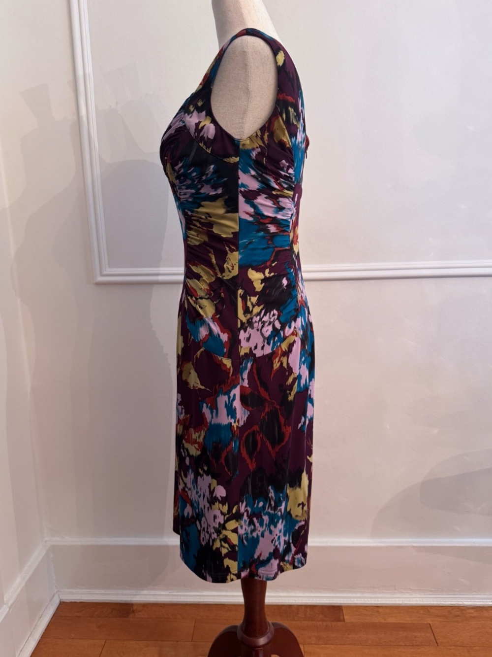 Adrianna Papell Plum Teal Gold Abstract Floral Ruched Sheath Dress Sz 4 - Picture 2 of 5